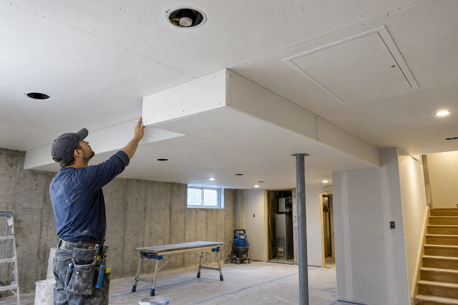 Example interior: Basement ceiling layout showing a bulkhead, recessed light openings and a flush access panel