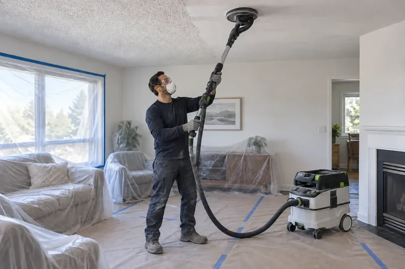 Service overview image: A worker using a long-reach ceiling sander connected to a dust extractor in a protected living room