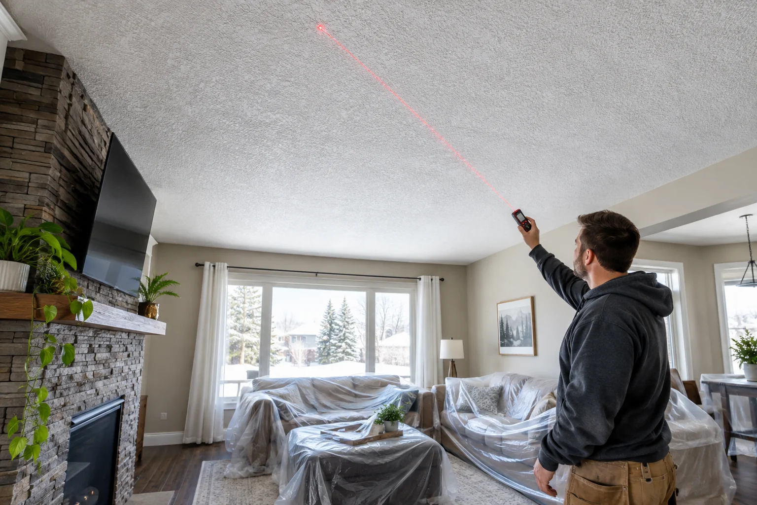 Example interior: A broad textured ceiling being measured with a laser distance meter