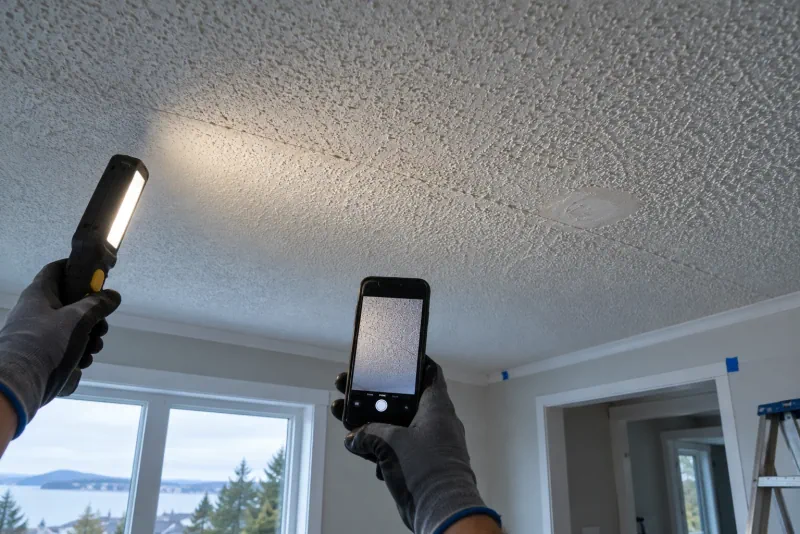 Service overview image: A textured ceiling being assessed with raking light