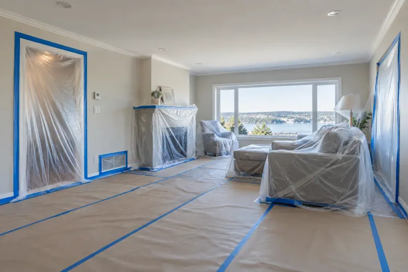 Service overview image: Furniture, walls and floors protected for ceiling work